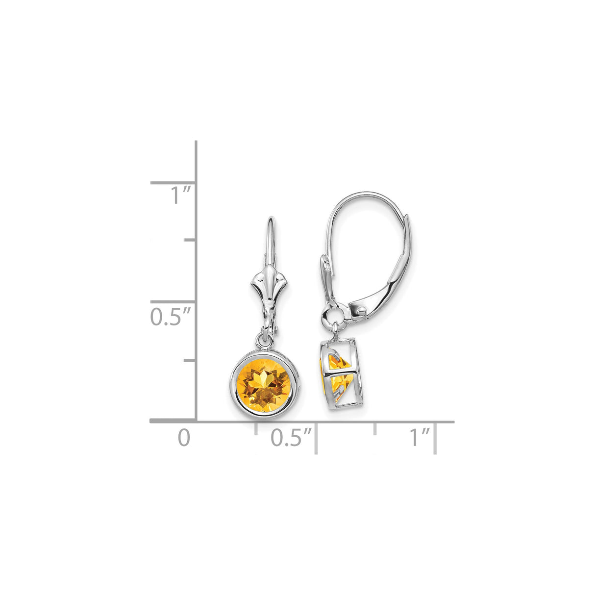 14k White Gold Leverback Earrings with Round Citrine Bezel Setting, Modern Drop Style