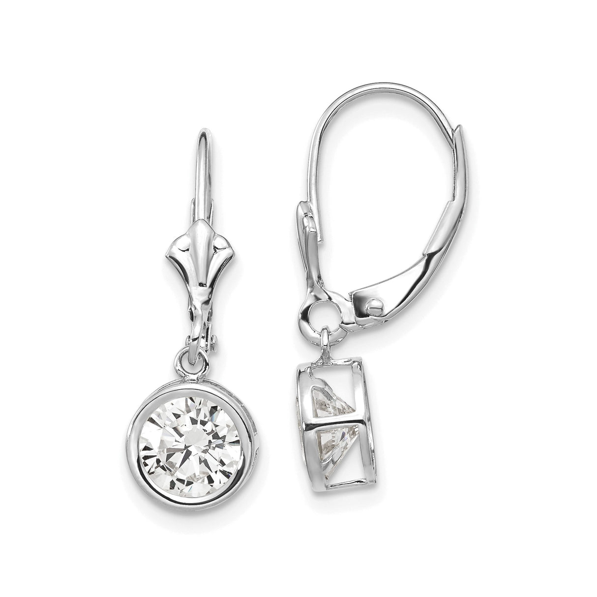 14k White Gold Drop Earrings with Cubic Zirconia, Leverback Bezel Set Dangles for Women