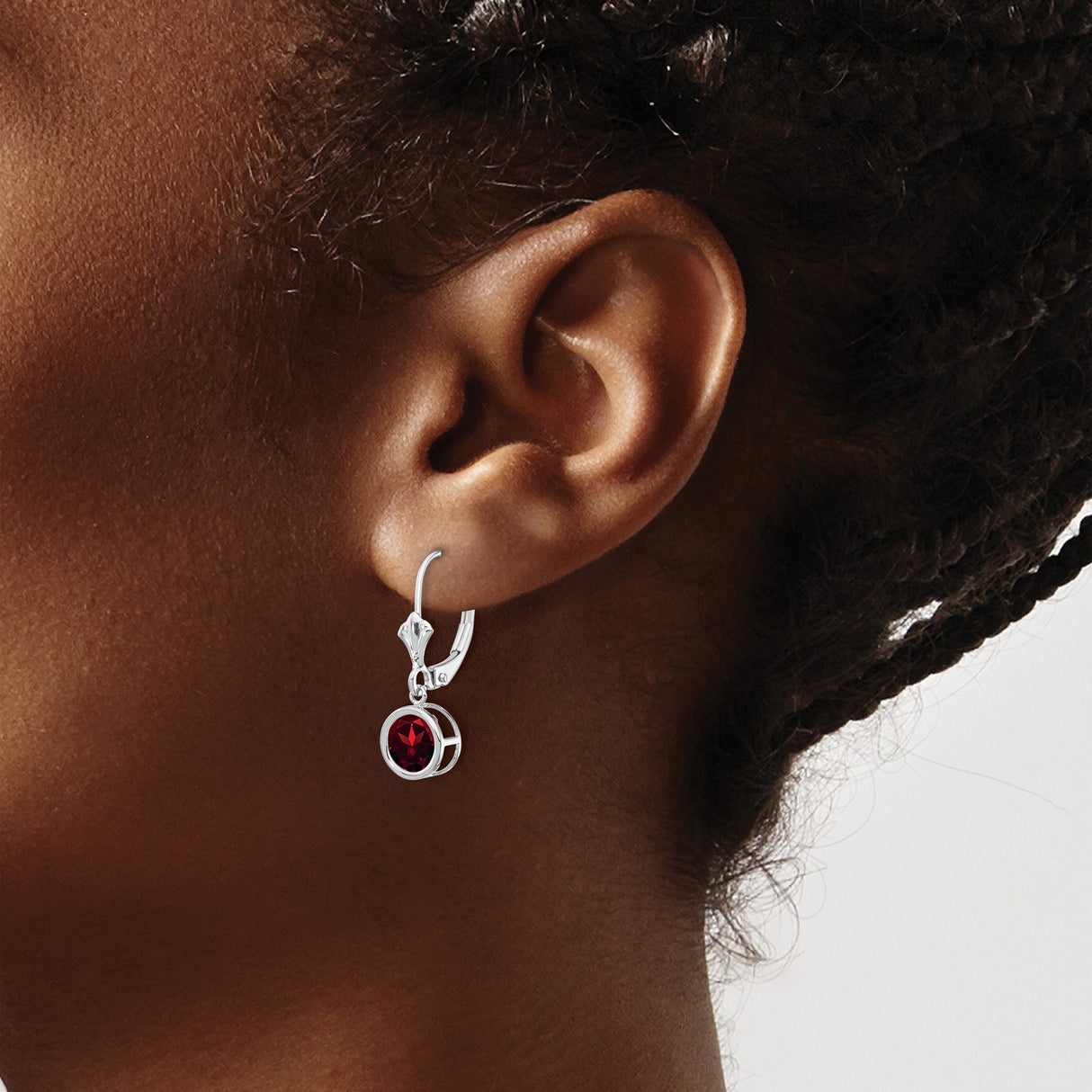 14k White Gold Dangle Earrings with Garnet in Bezel Setting, Leverback Drop Style