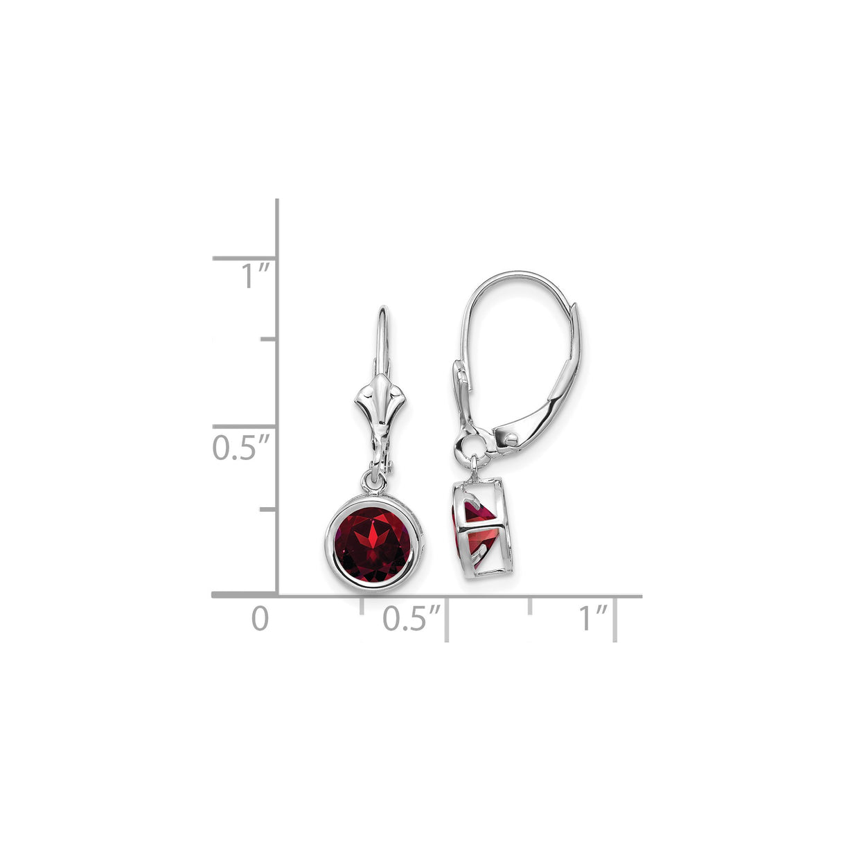 14k White Gold Dangle Earrings with Garnet in Bezel Setting, Leverback Drop Style