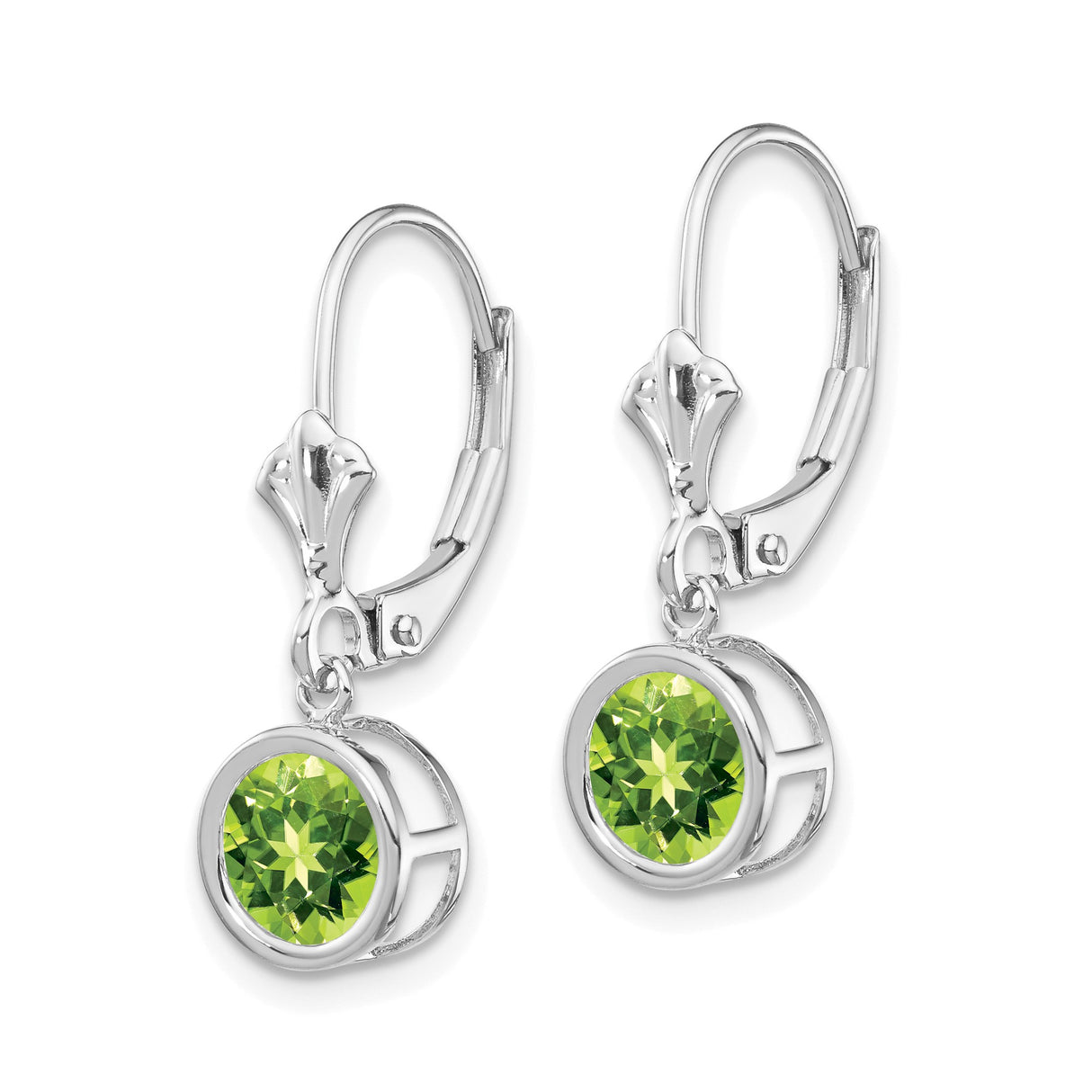 14k White Gold Dangle Earrings with Round Peridot in Bezel Setting Leverback Style