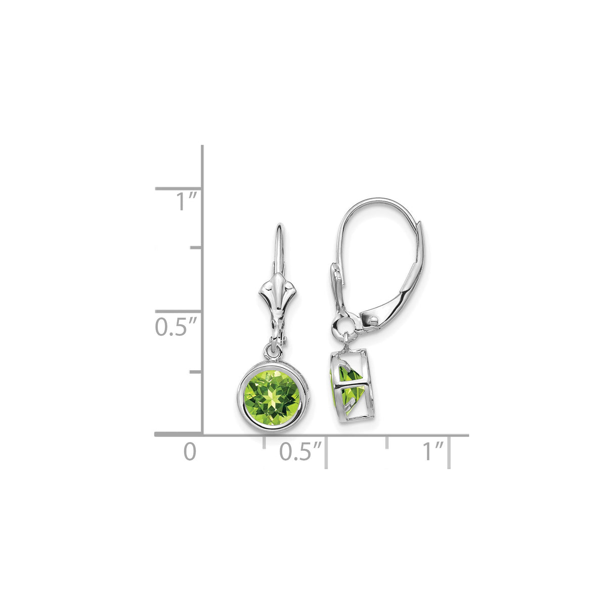 14k White Gold Dangle Earrings with Round Peridot in Bezel Setting Leverback Style