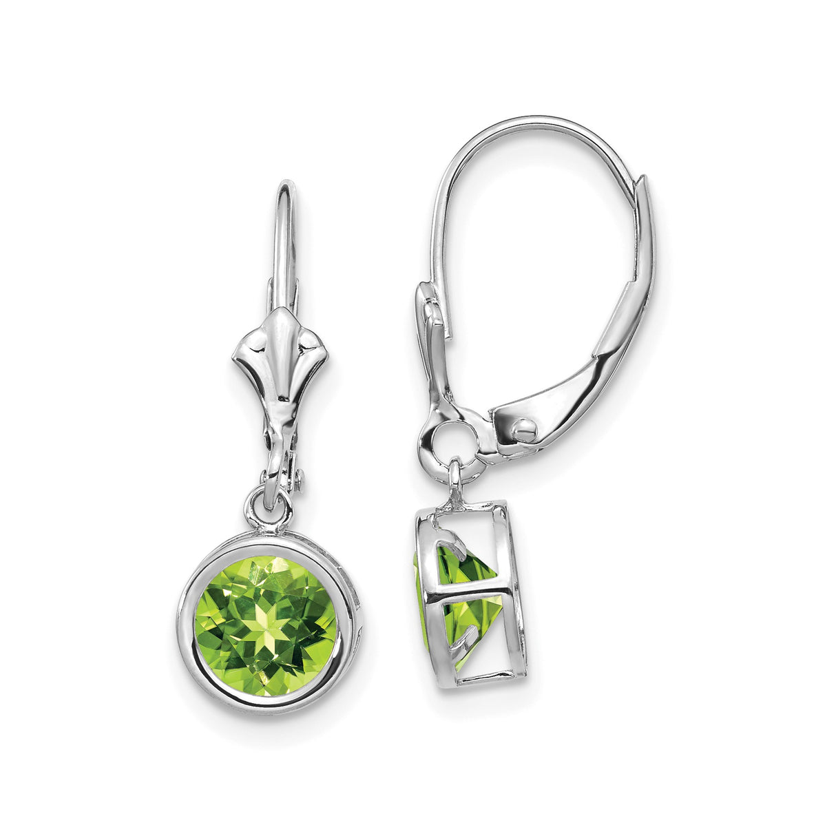 14k White Gold Dangle Earrings with Round Peridot in Bezel Setting Leverback Style