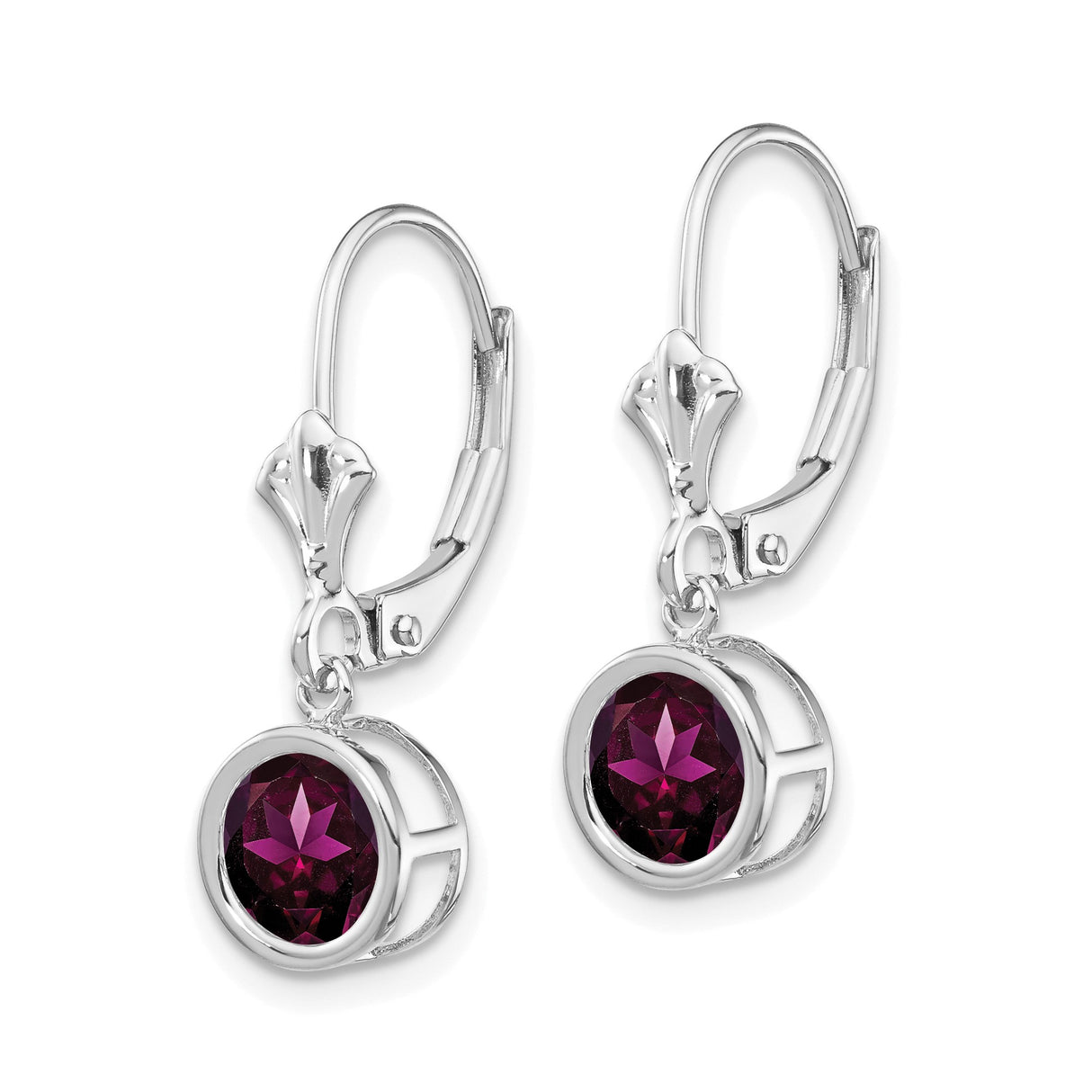 14k White Gold Dangle Earrings with Rhodolite Garnet, Bezel Setting, Geometric Cutout Design