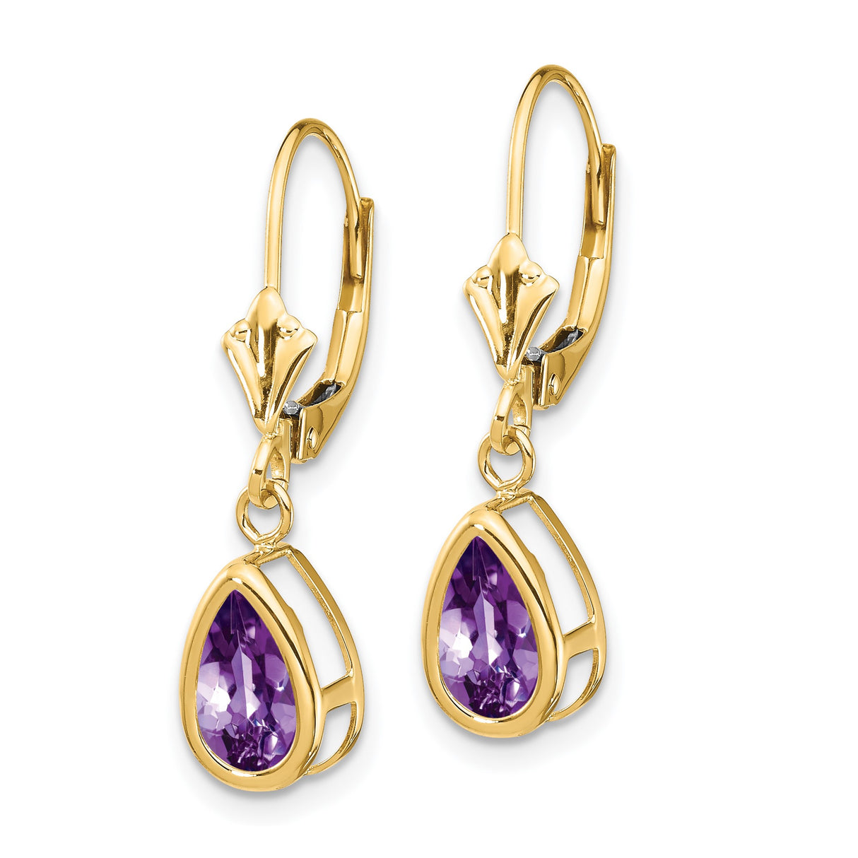 14k Yellow Gold Dangle Earrings with Pear Shaped Amethyst Bezel Setting and Leverback Design
