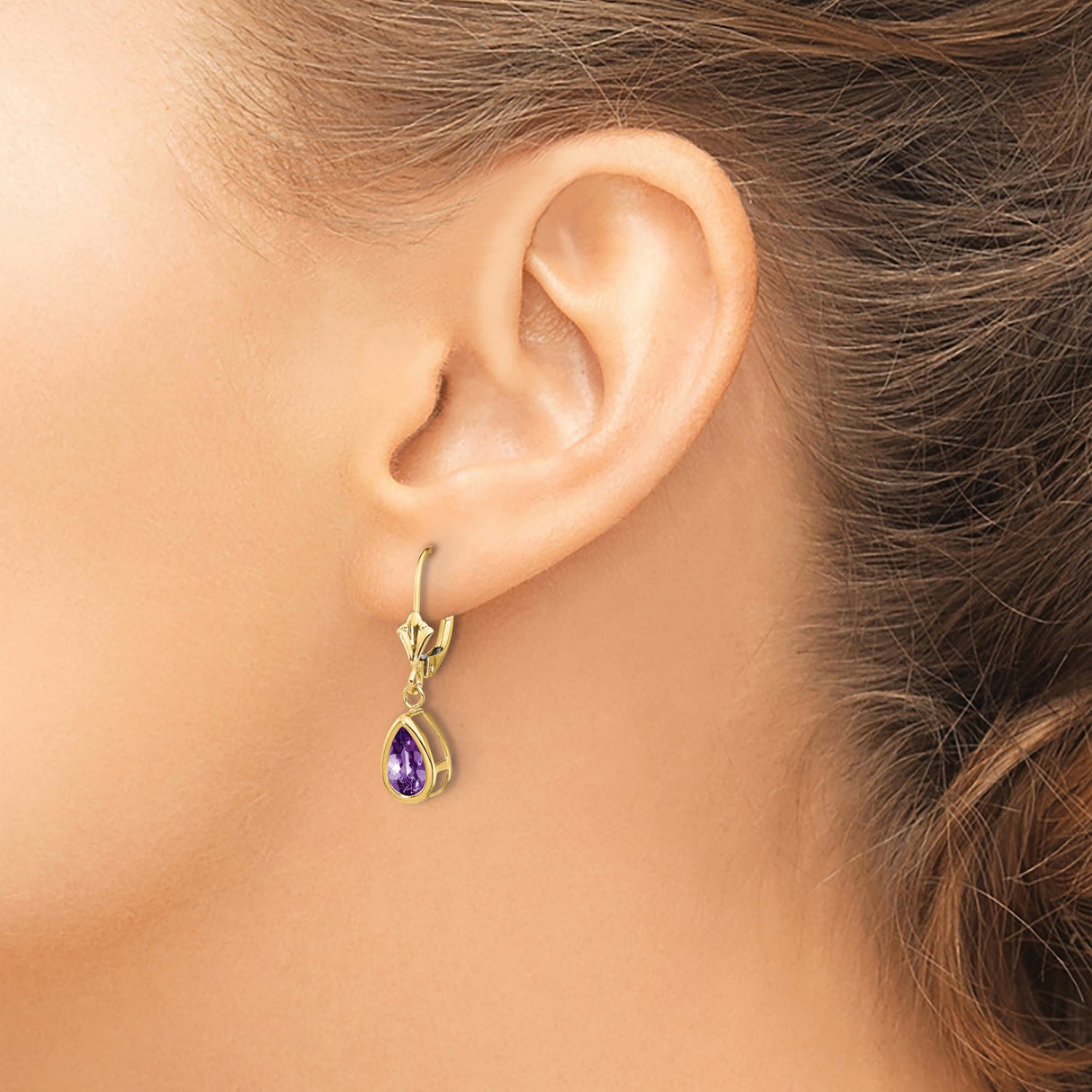 14k Yellow Gold Dangle Earrings with Pear Shaped Amethyst Bezel Setting and Leverback Design