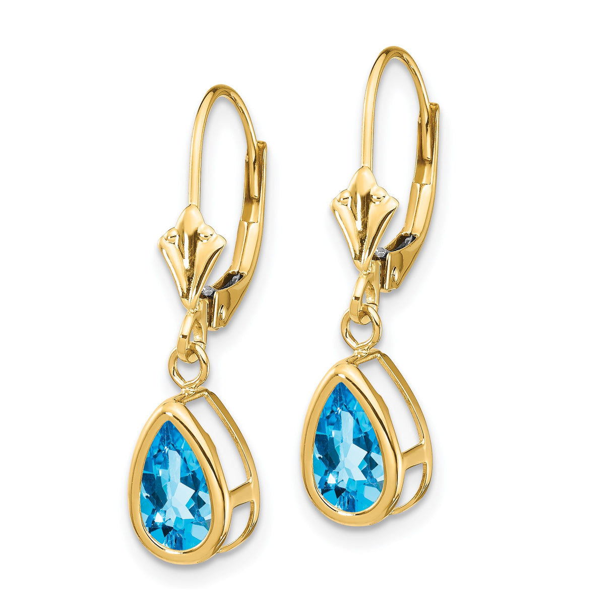 14k Yellow Gold Drop Earrings with Pear Shaped Swiss Blue Topaz, Bezel Setting, Leverback Closure