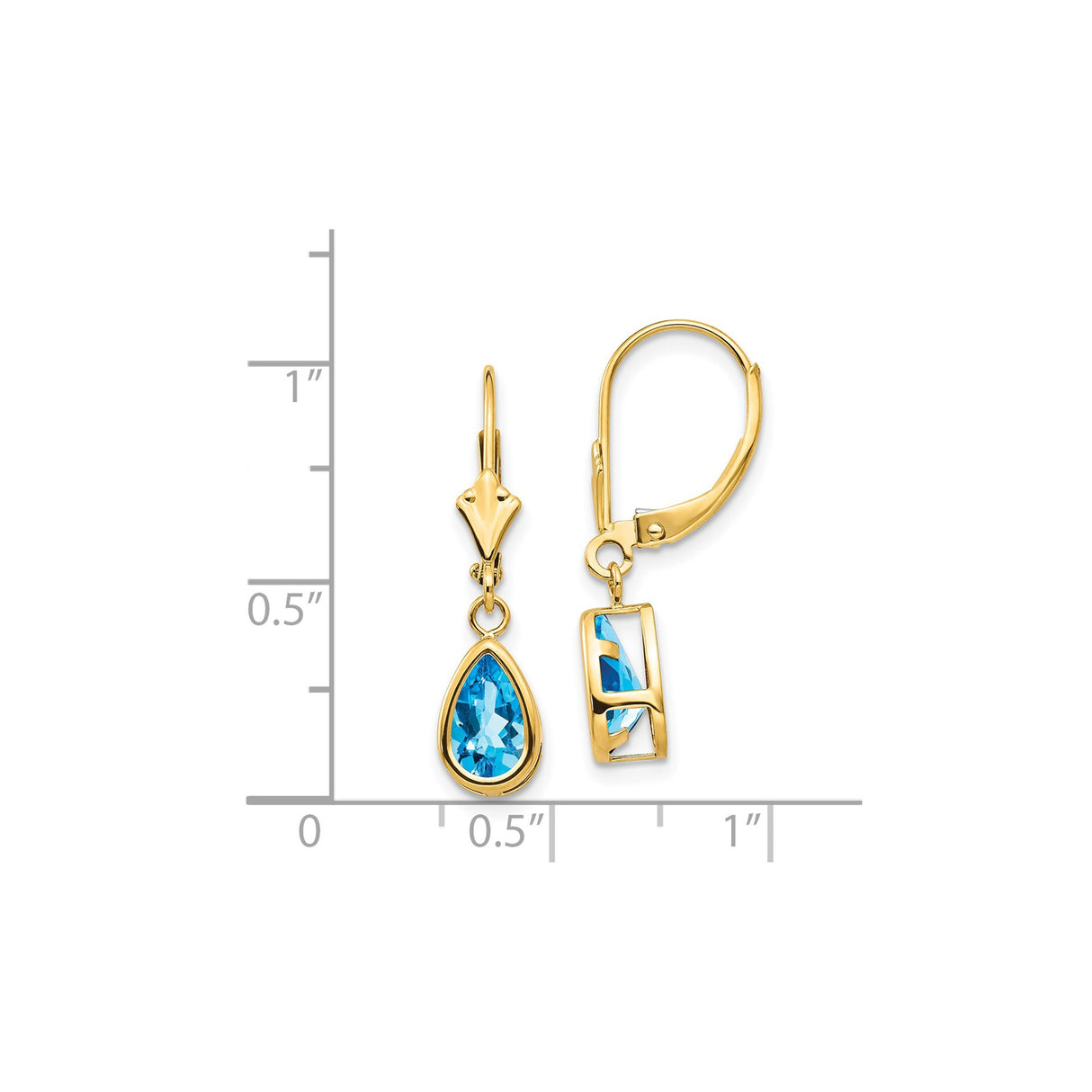 14k Yellow Gold Drop Earrings with Pear Shaped Swiss Blue Topaz, Bezel Setting, Leverback Closure