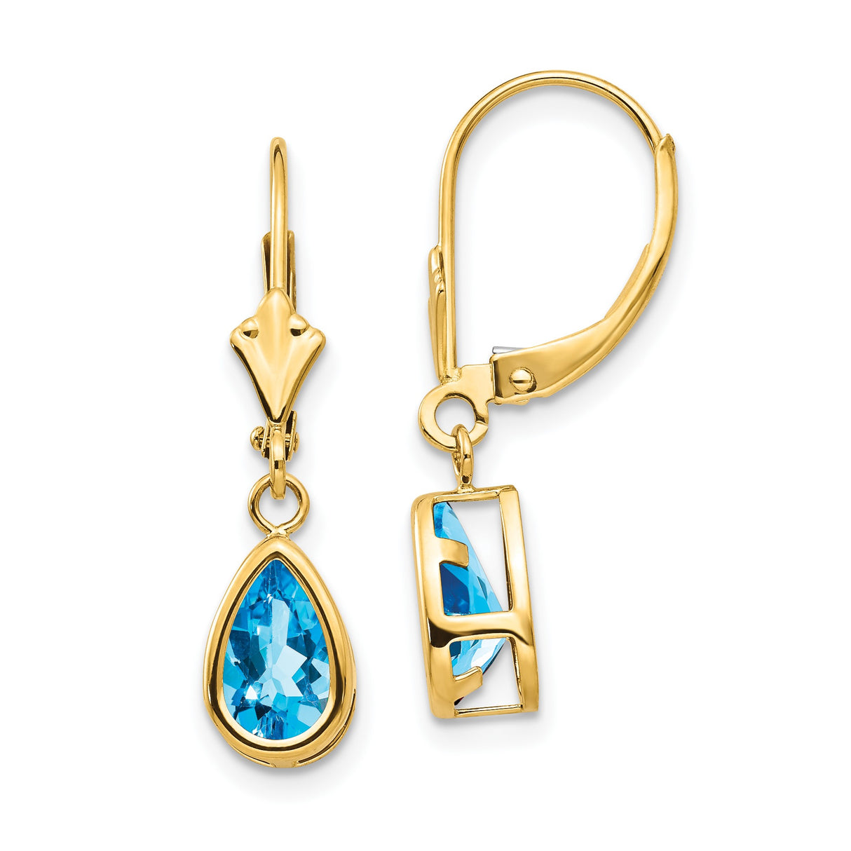 14k Yellow Gold Drop Earrings with Pear Shaped Swiss Blue Topaz, Bezel Setting, Leverback Closure