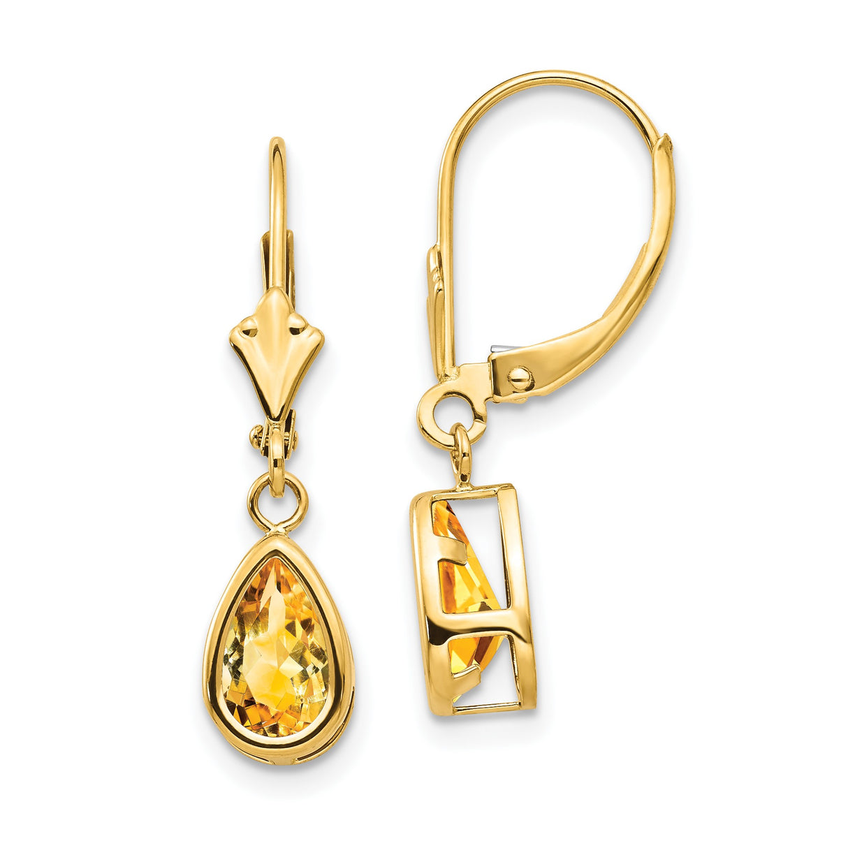 14k Yellow Gold Dangle Earrings with Pear Shaped Citrine in Bezel Setting
