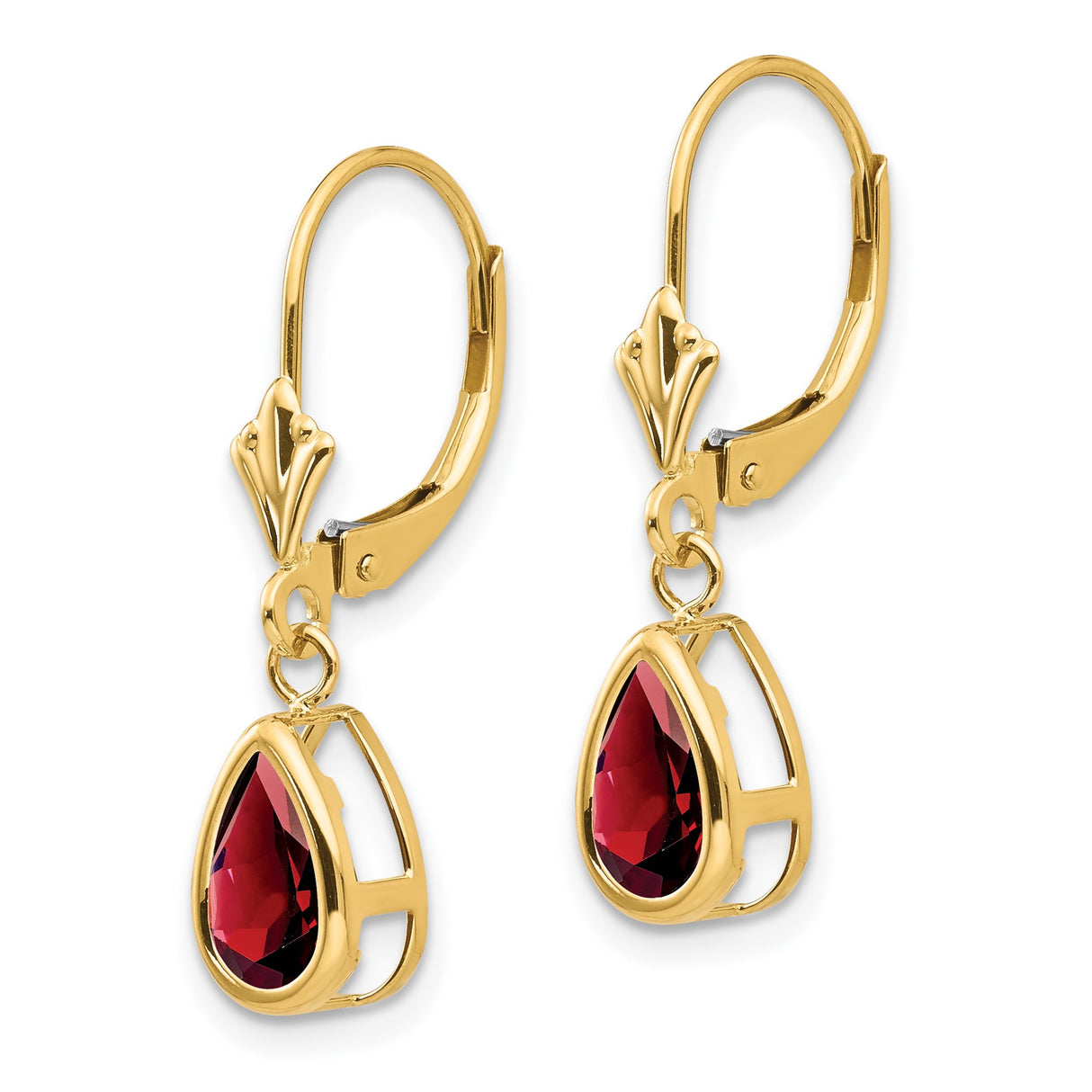 14k Yellow Gold Dangle Earrings with Pear Shaped Garnet in Bezel Setting, Leverback Drops for Women