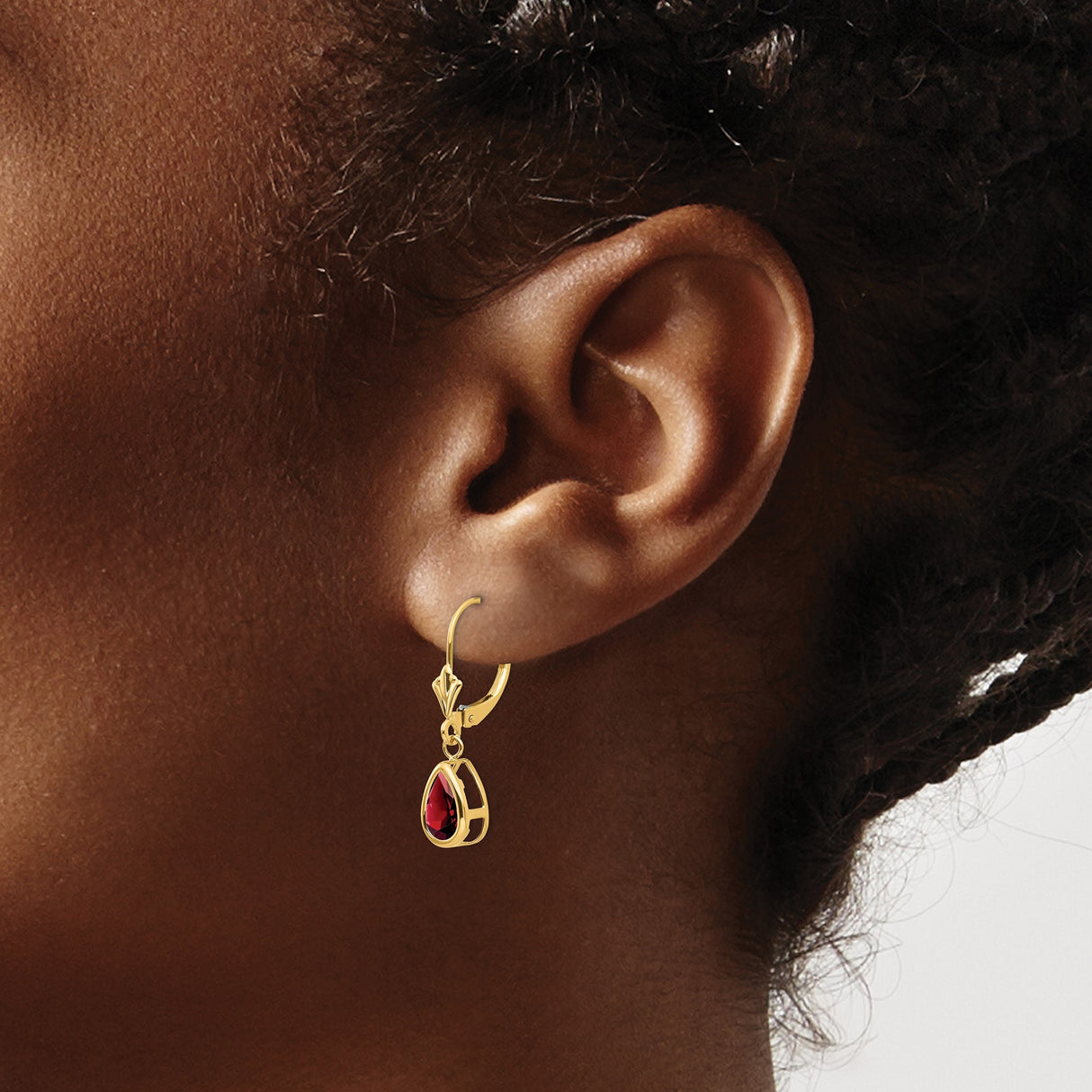 14k Yellow Gold Dangle Earrings with Pear Shaped Garnet in Bezel Setting, Leverback Drops for Women