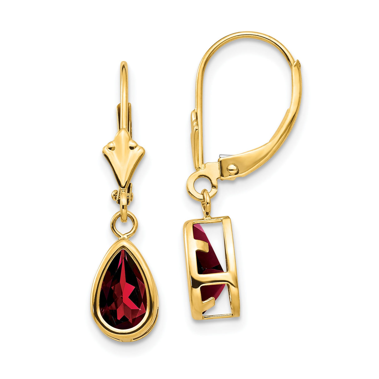 14k Yellow Gold Dangle Earrings with Pear Shaped Garnet in Bezel Setting, Leverback Drops for Women