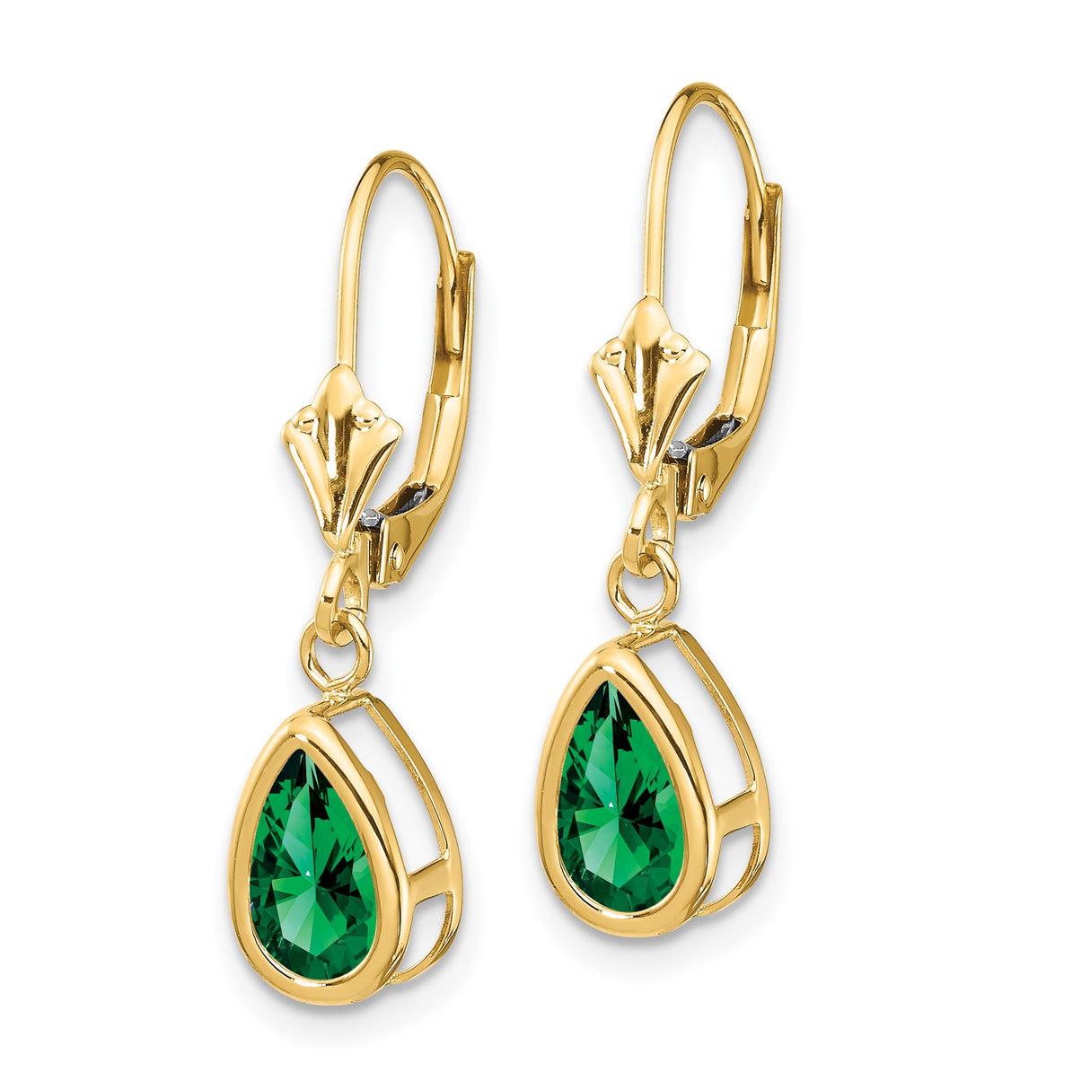 14k Yellow Gold Teardrop Dangle Earrings with Green Helenite, Leverback Drop Design