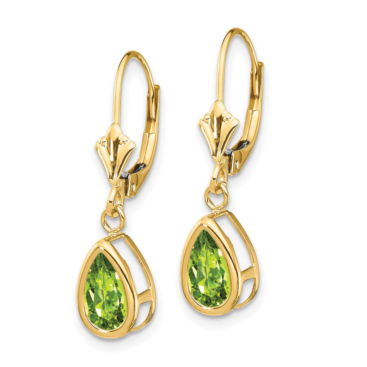 14k Yellow Gold Leverback Drop Earrings with Pear Shaped Peridot in Open Bezel Setting