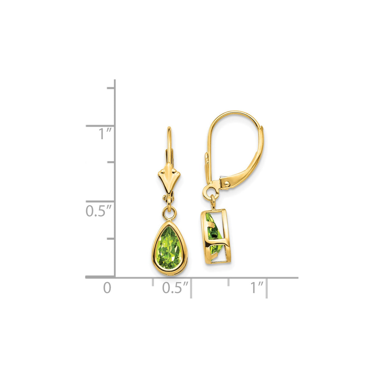 14k Yellow Gold Leverback Drop Earrings with Pear Shaped Peridot in Open Bezel Setting