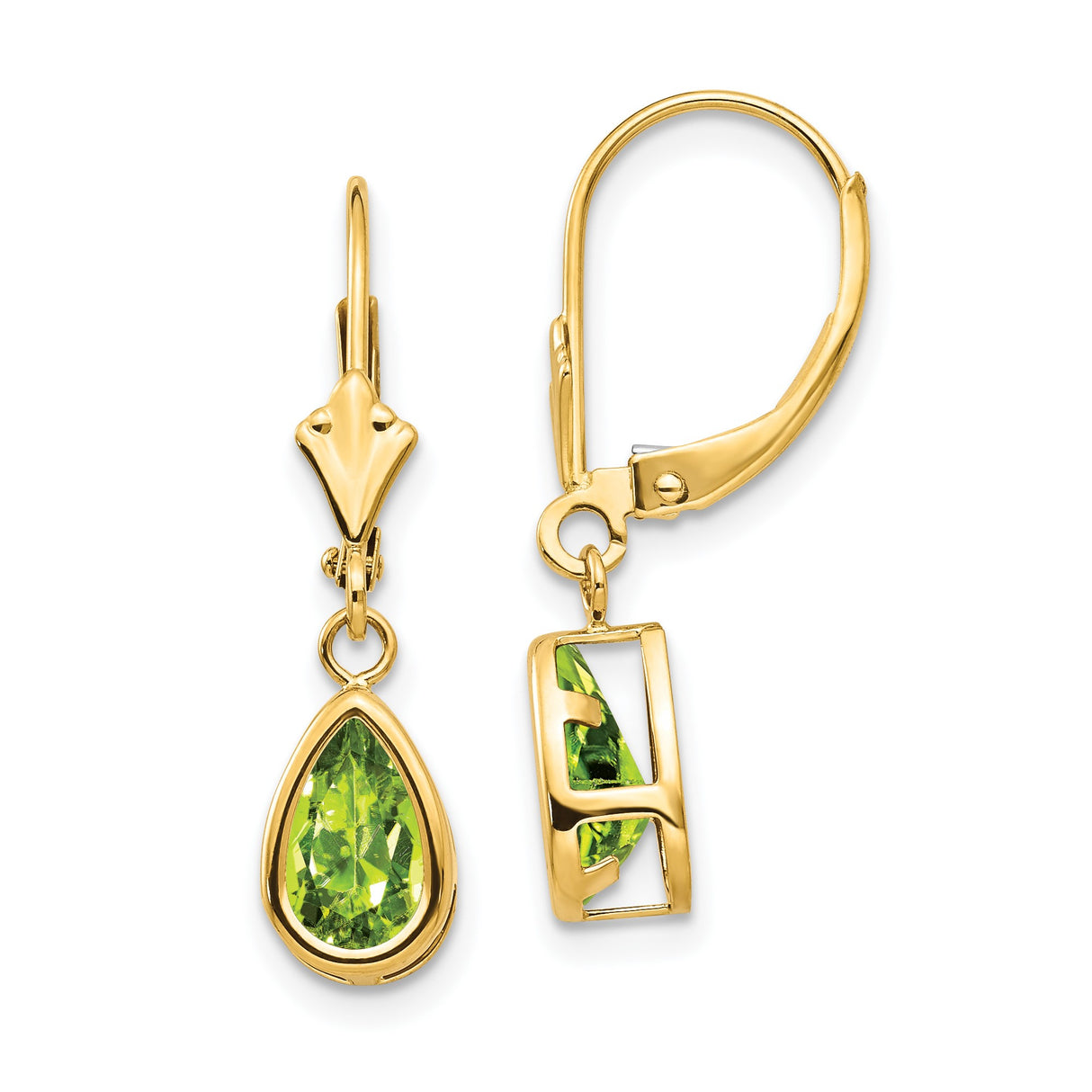 14k Yellow Gold Leverback Drop Earrings with Pear Shaped Peridot in Open Bezel Setting