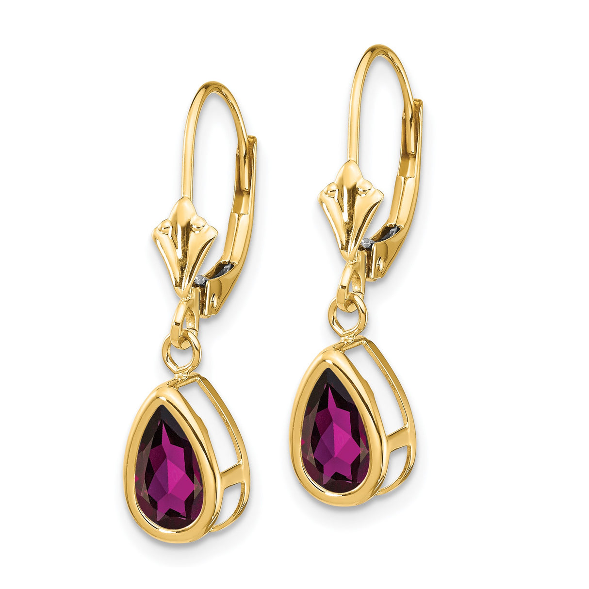 14k Yellow Gold Dangle Earrings with Pear Shaped Rhodolite Garnet and Leverbacks