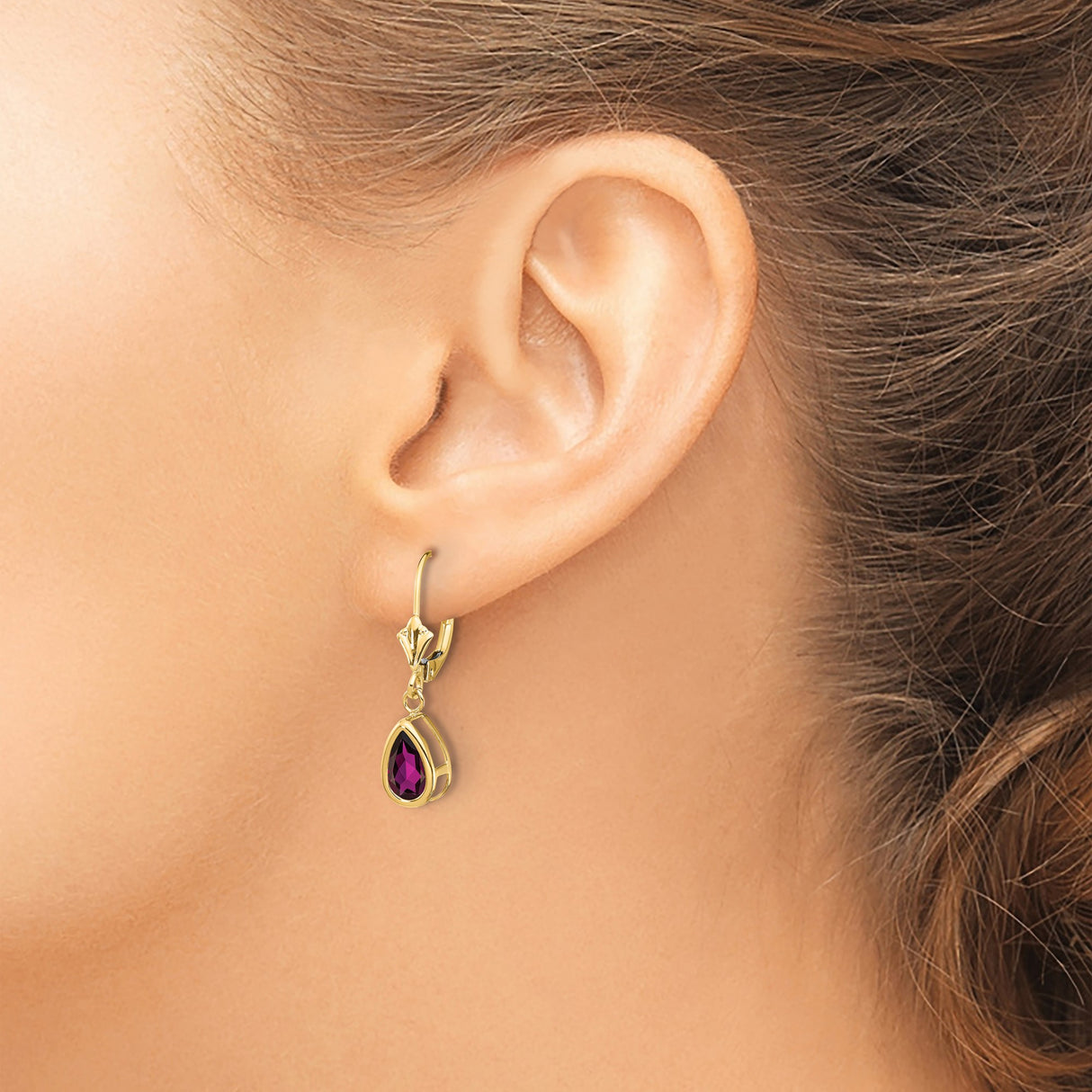14k Yellow Gold Dangle Earrings with Pear Shaped Rhodolite Garnet and Leverbacks