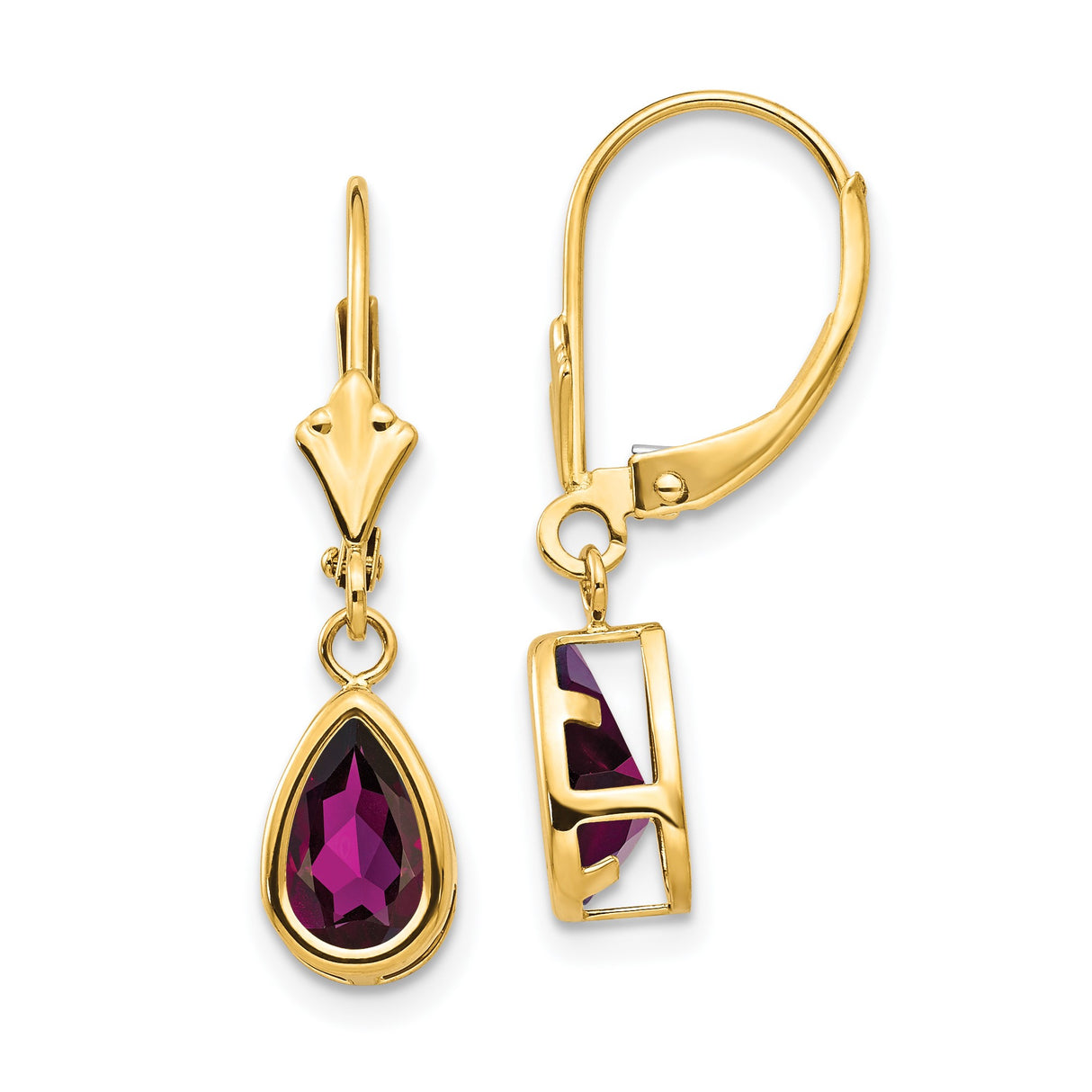 14k Yellow Gold Dangle Earrings with Pear Shaped Rhodolite Garnet and Leverbacks