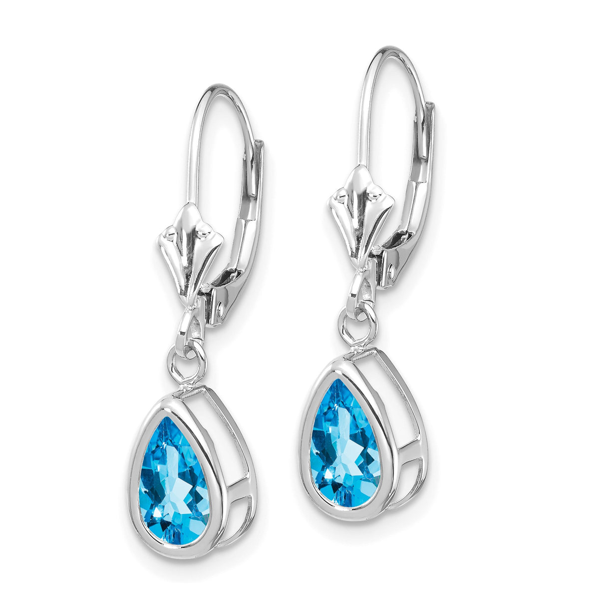 14k White Gold Dangle Earrings with Pear Shaped Swiss Blue Topaz in Bezel Setting
