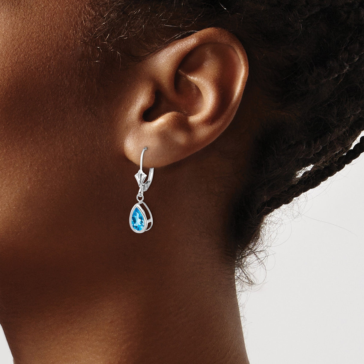 14k White Gold Dangle Earrings with Pear Shaped Swiss Blue Topaz in Bezel Setting