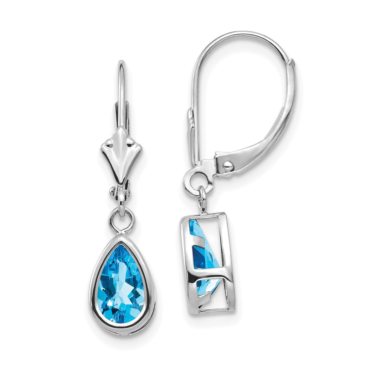 14k White Gold Dangle Earrings with Pear Shaped Swiss Blue Topaz in Bezel Setting
