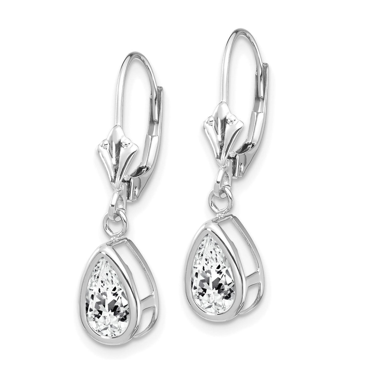 14k White Gold Dangle Earrings with Pear Shaped Cubic Zirconia in Bezel Setting