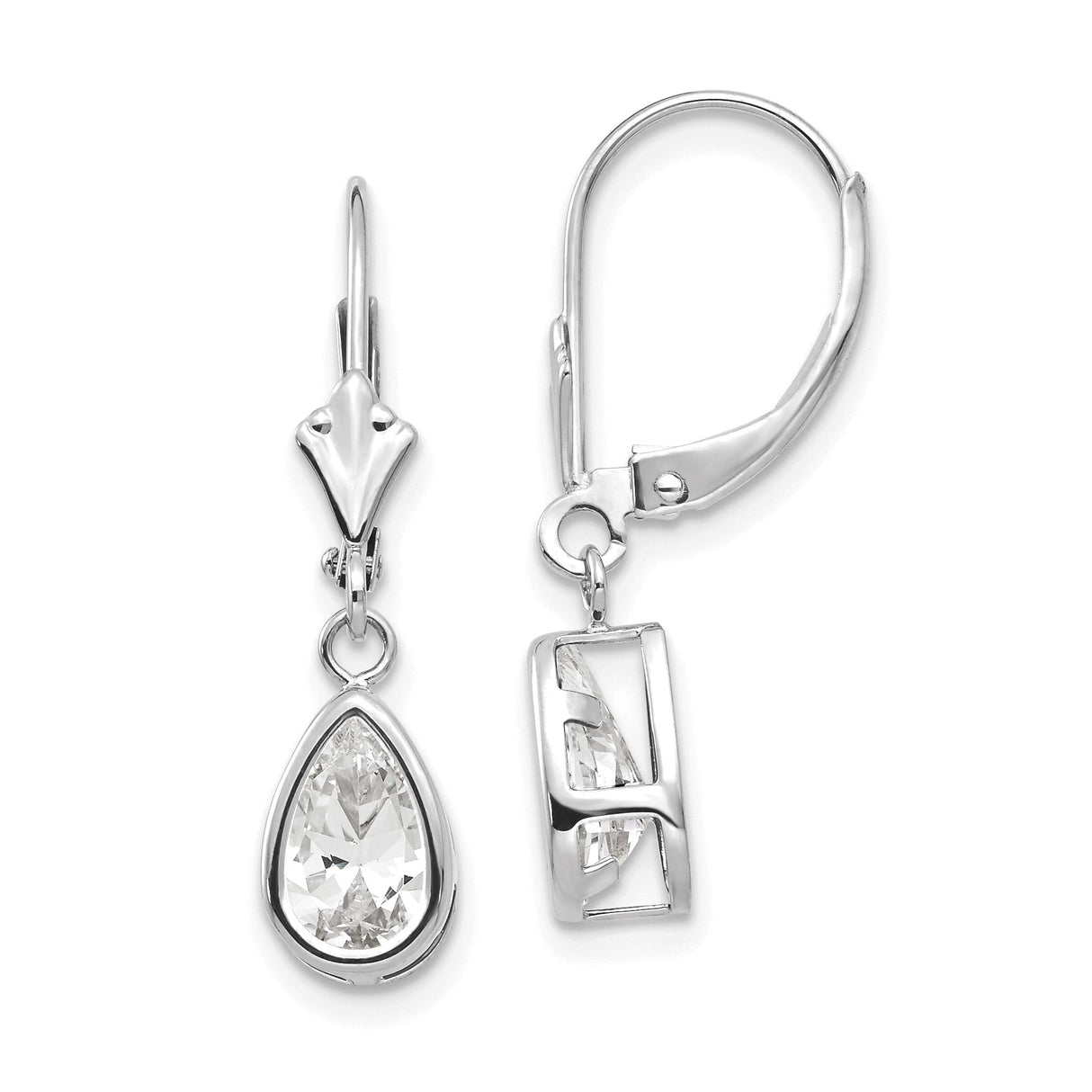 14k White Gold Dangle Earrings with Pear Shaped Cubic Zirconia in Bezel Setting