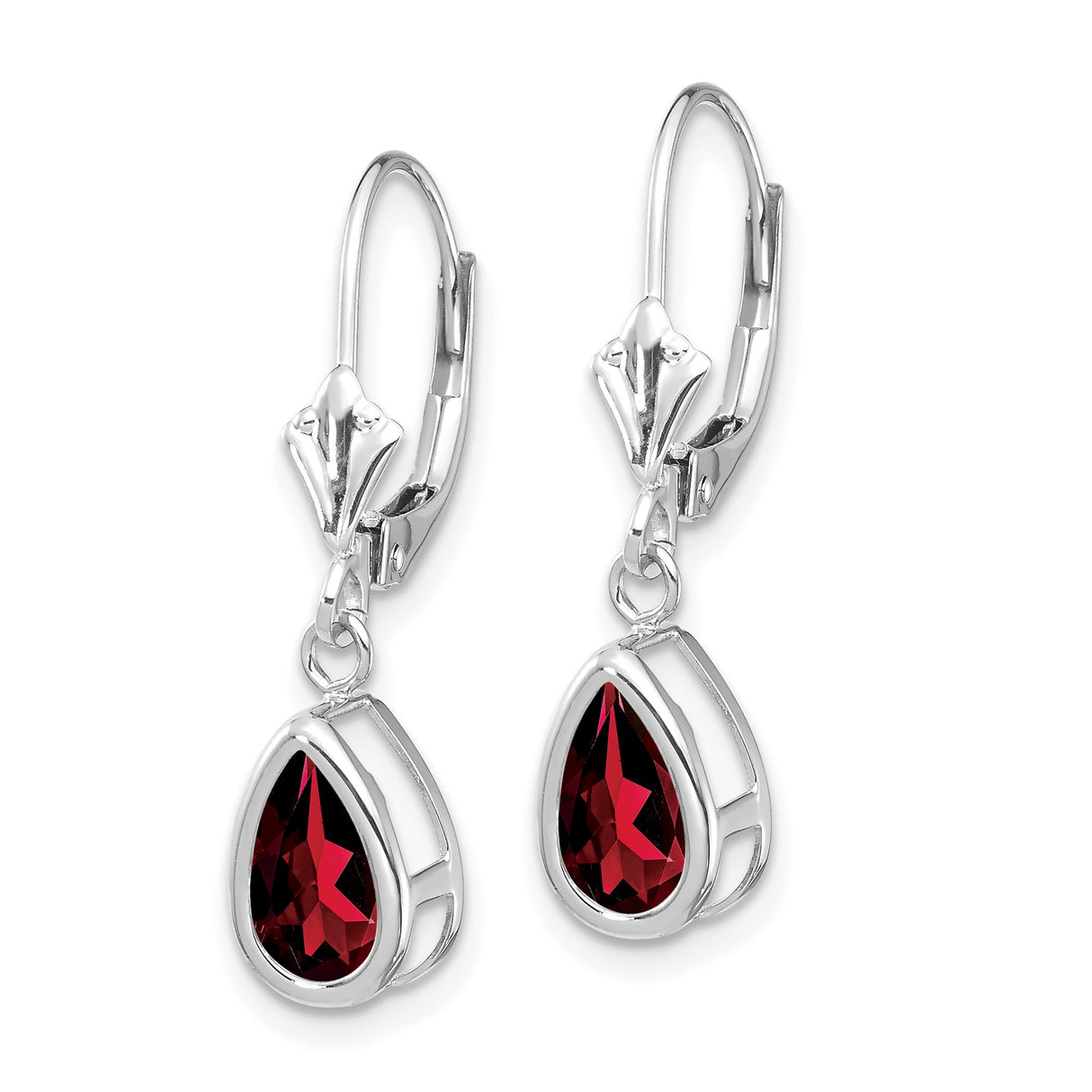 14k White Gold Drop Earrings with Pear Shaped Garnet in Bezel Setting