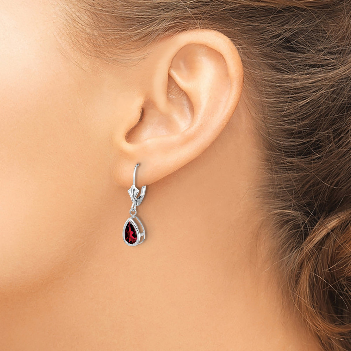 14k White Gold Drop Earrings with Pear Shaped Garnet in Bezel Setting