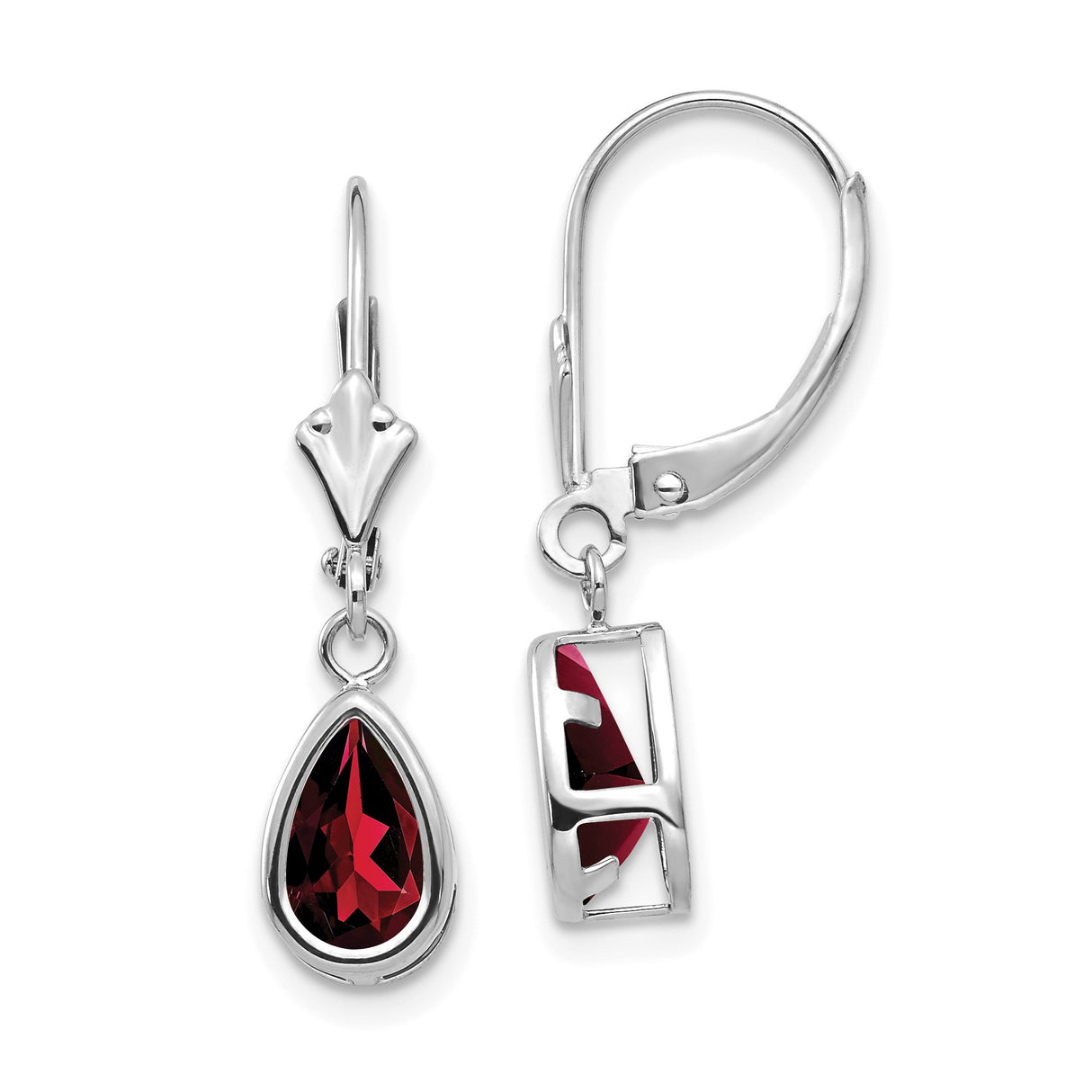 14k White Gold Drop Earrings with Pear Shaped Garnet in Bezel Setting