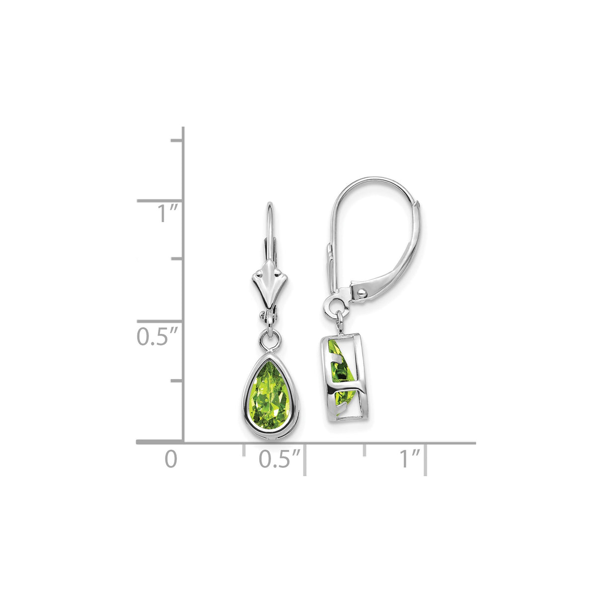 14k White Gold Dangle Earrings with Pear Shaped Peridot in Bezel Setting Leverback Design
