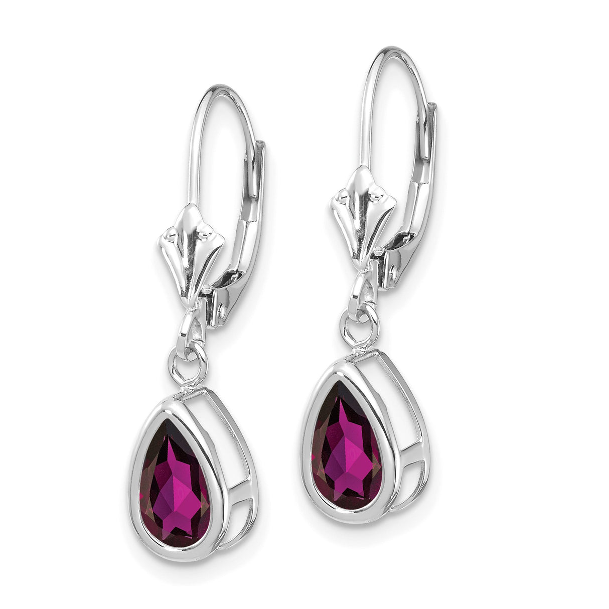 14k White Gold Dangle Earrings with Pear Shaped Rhodolite Garnet, Leverback Drop Design