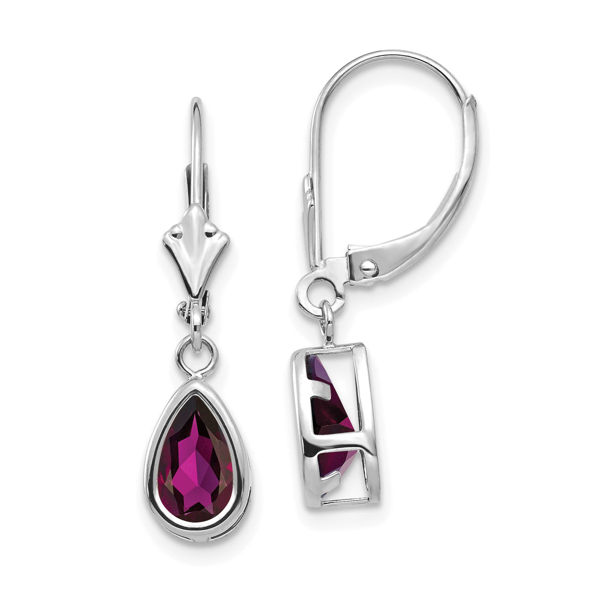 14k White Gold Dangle Earrings with Pear Shaped Rhodolite Garnet, Leverback Drop Design