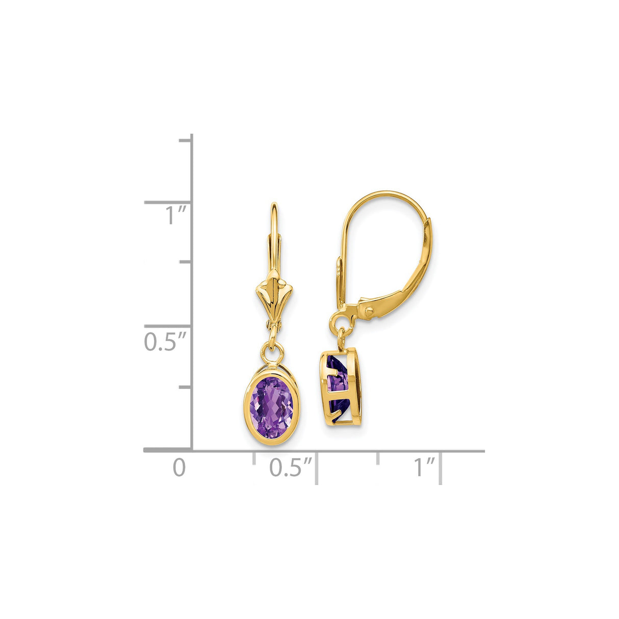 14k Yellow Gold Dangle Earrings with Oval Amethyst, Prong Setting, Leverback Design