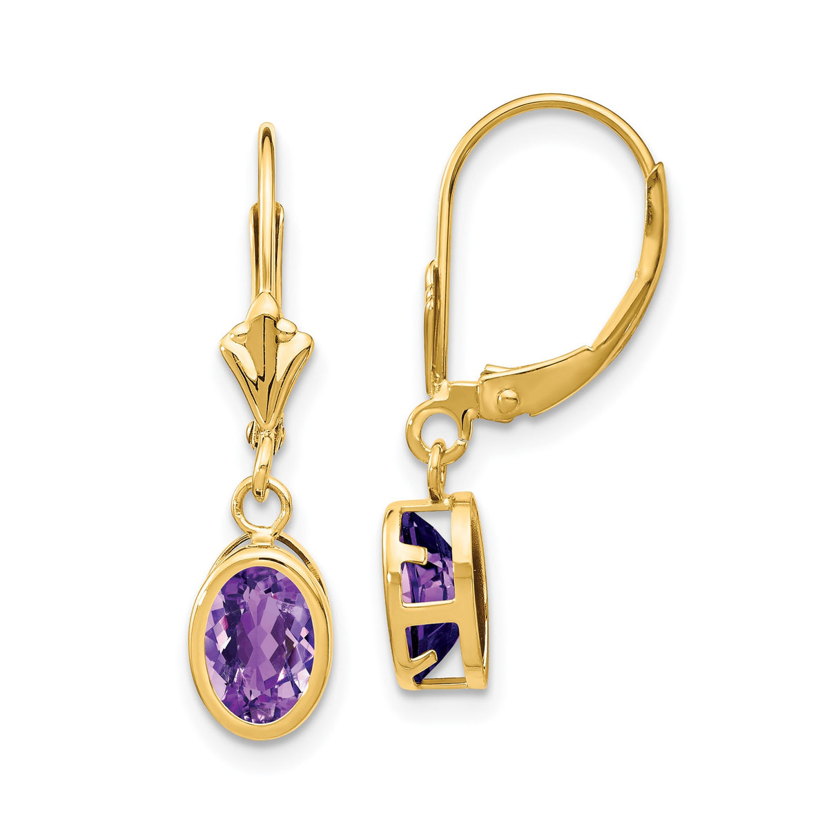14k Yellow Gold Dangle Earrings with Oval Amethyst, Prong Setting, Leverback Design
