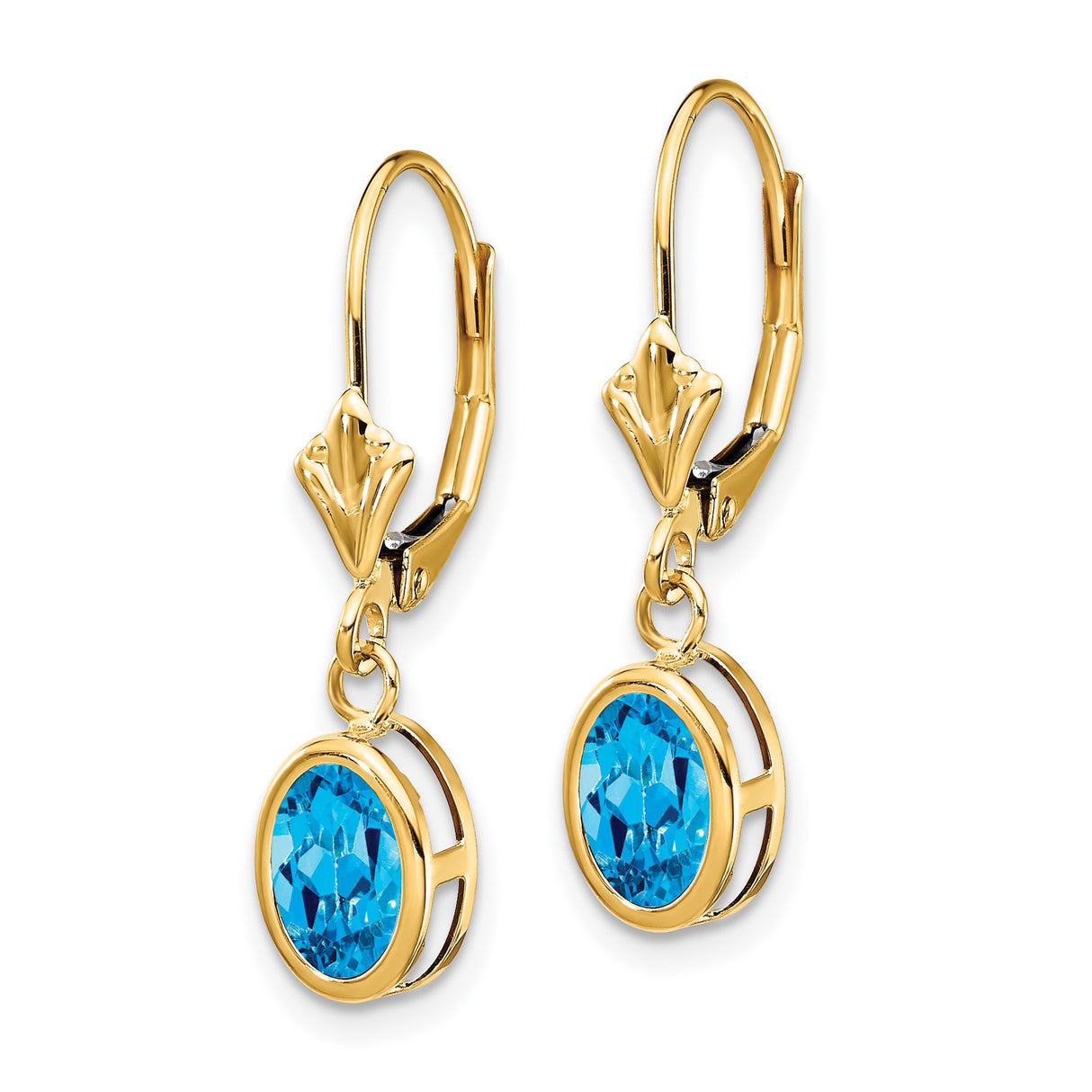 14k Yellow Gold Dangle Earrings with Swiss Blue Topaz in Bezel Setting, Leverback Closure