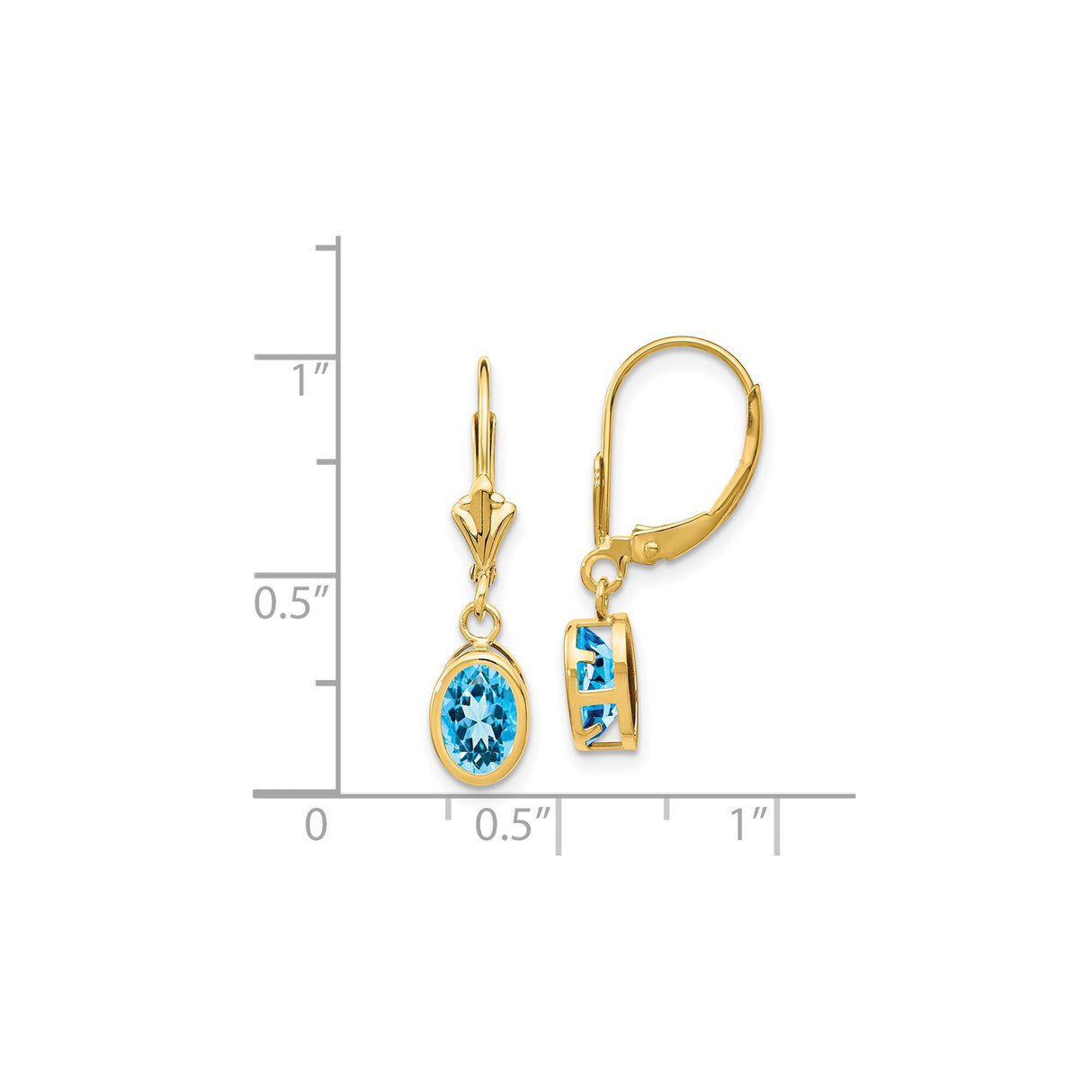14k Yellow Gold Dangle Earrings with Swiss Blue Topaz in Bezel Setting, Leverback Closure