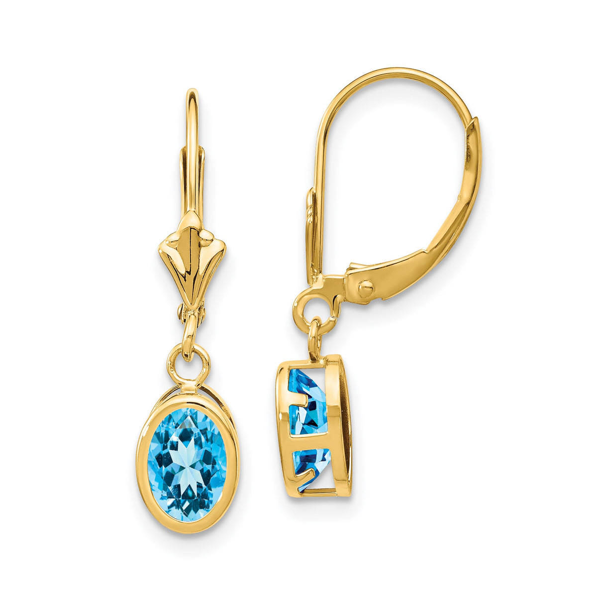 14k Yellow Gold Dangle Earrings with Swiss Blue Topaz in Bezel Setting, Leverback Closure