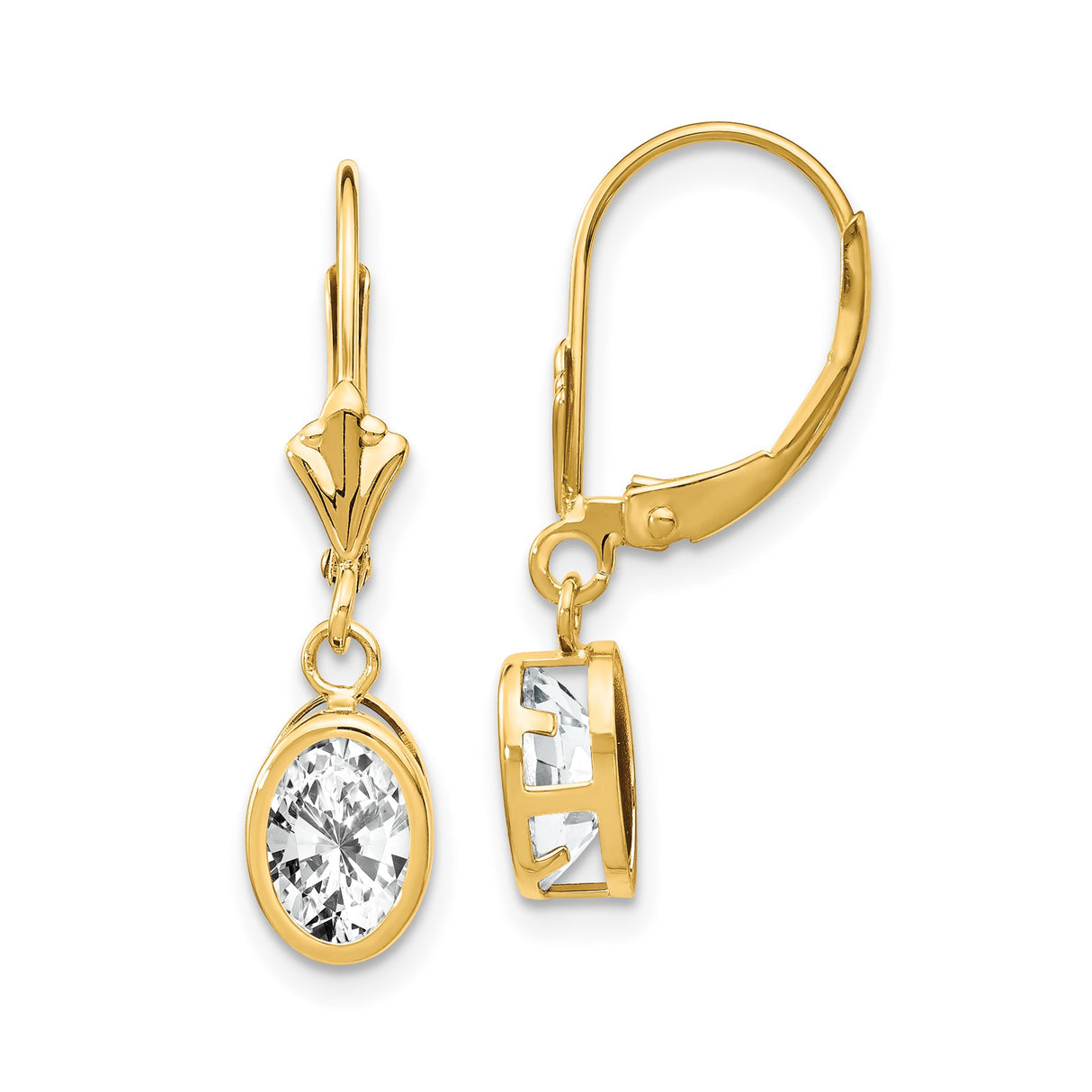 14k Yellow Gold Dangle Earrings with Clear Cubic Zirconia in Prong Setting, Leverback Drop Style