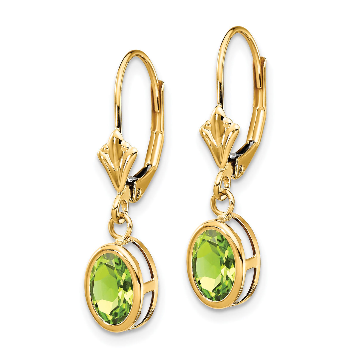 14k Yellow Gold Drop Earrings with Oval Cut Peridot in Bezel Setting, Leverback Design