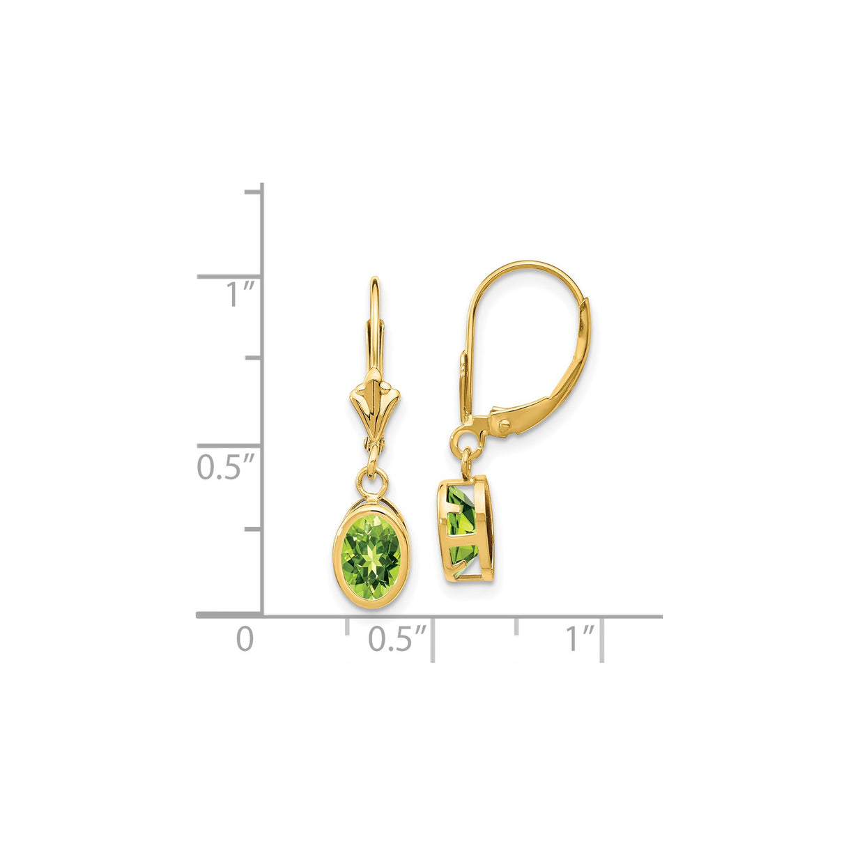14k Yellow Gold Drop Earrings with Oval Cut Peridot in Bezel Setting, Leverback Design