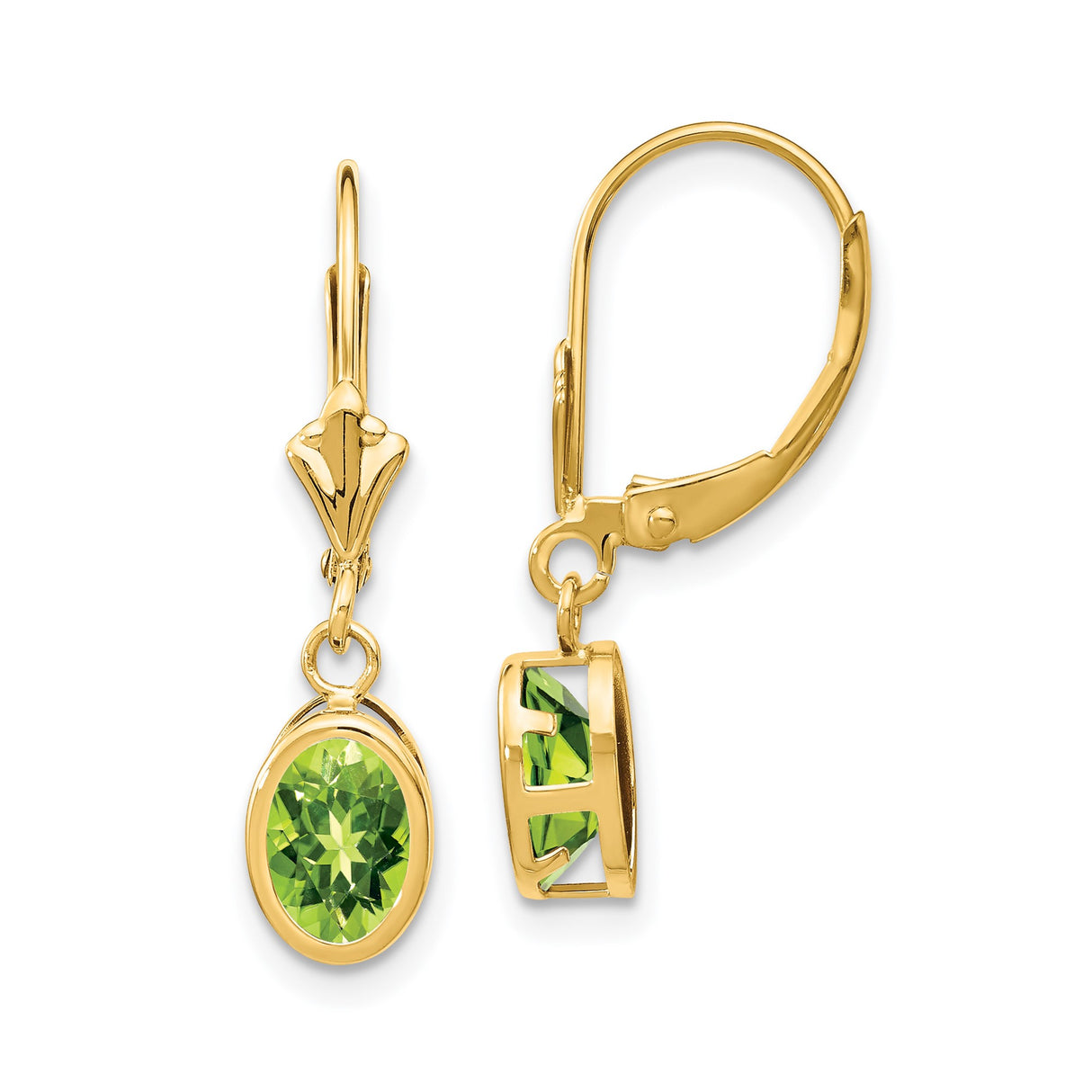 14k Yellow Gold Drop Earrings with Oval Cut Peridot in Bezel Setting, Leverback Design