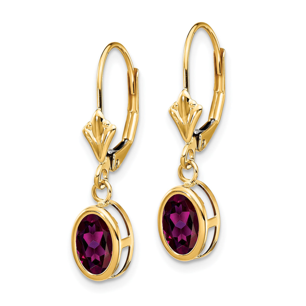 14k Yellow Gold Dangle Earrings with Rhodolite Garnet in Bezel Setting, Leverback Style