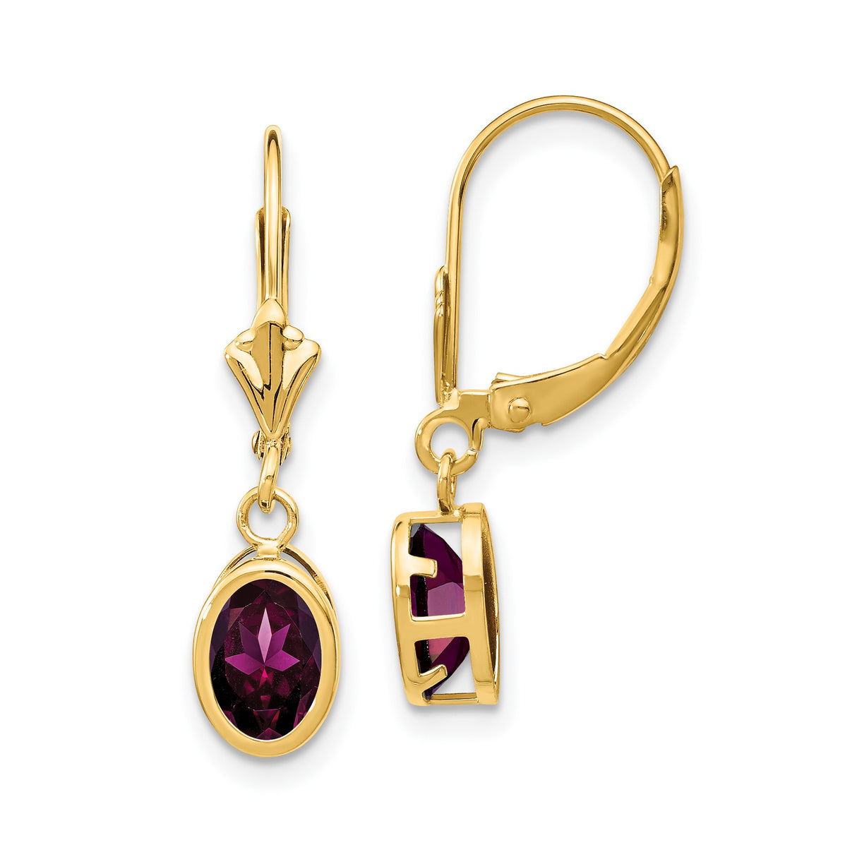 14k Yellow Gold Dangle Earrings with Rhodolite Garnet in Bezel Setting, Leverback Style