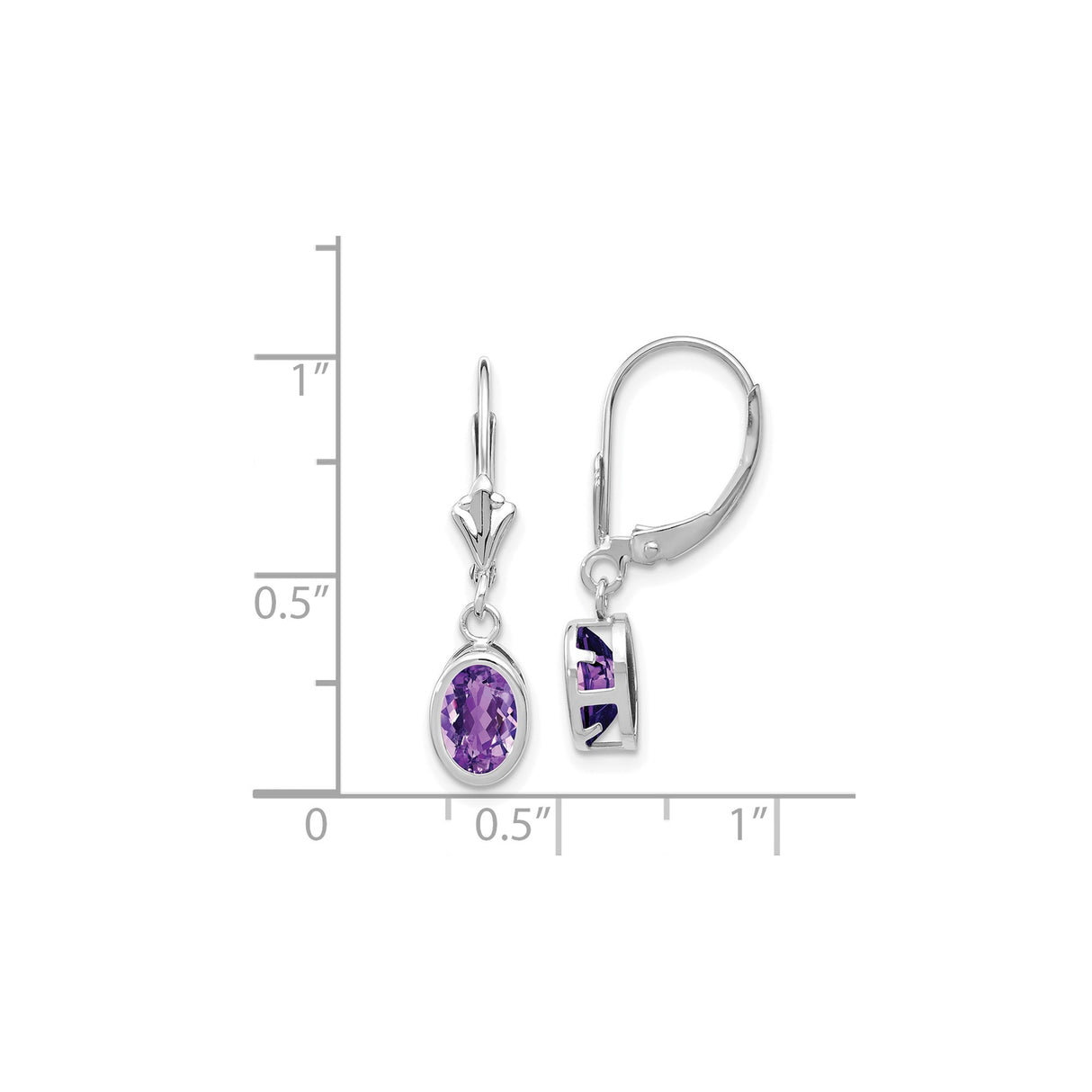 14k White Gold Dangle Earrings with Oval Amethyst in Bezel Setting and Leverback Closure