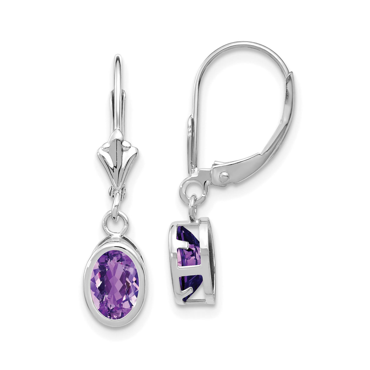 14k White Gold Dangle Earrings with Oval Amethyst in Bezel Setting and Leverback Closure