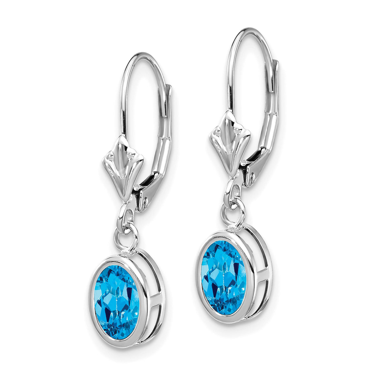 14k White Gold Dangle Earrings with Oval Swiss Blue Topaz, Leverback Drop, Abstract Cutout Design