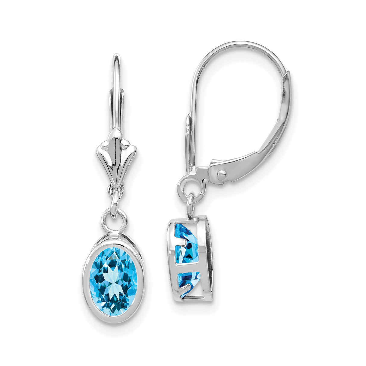 14k White Gold Dangle Earrings with Oval Swiss Blue Topaz, Leverback Drop, Abstract Cutout Design